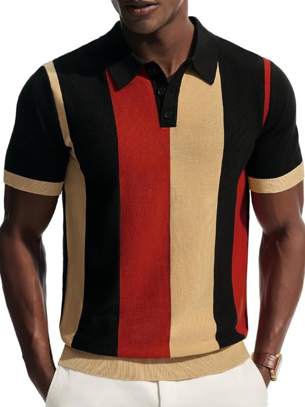Men's Black Vintage Striped Knit Polo Shirt Casual Golf Beach Summer